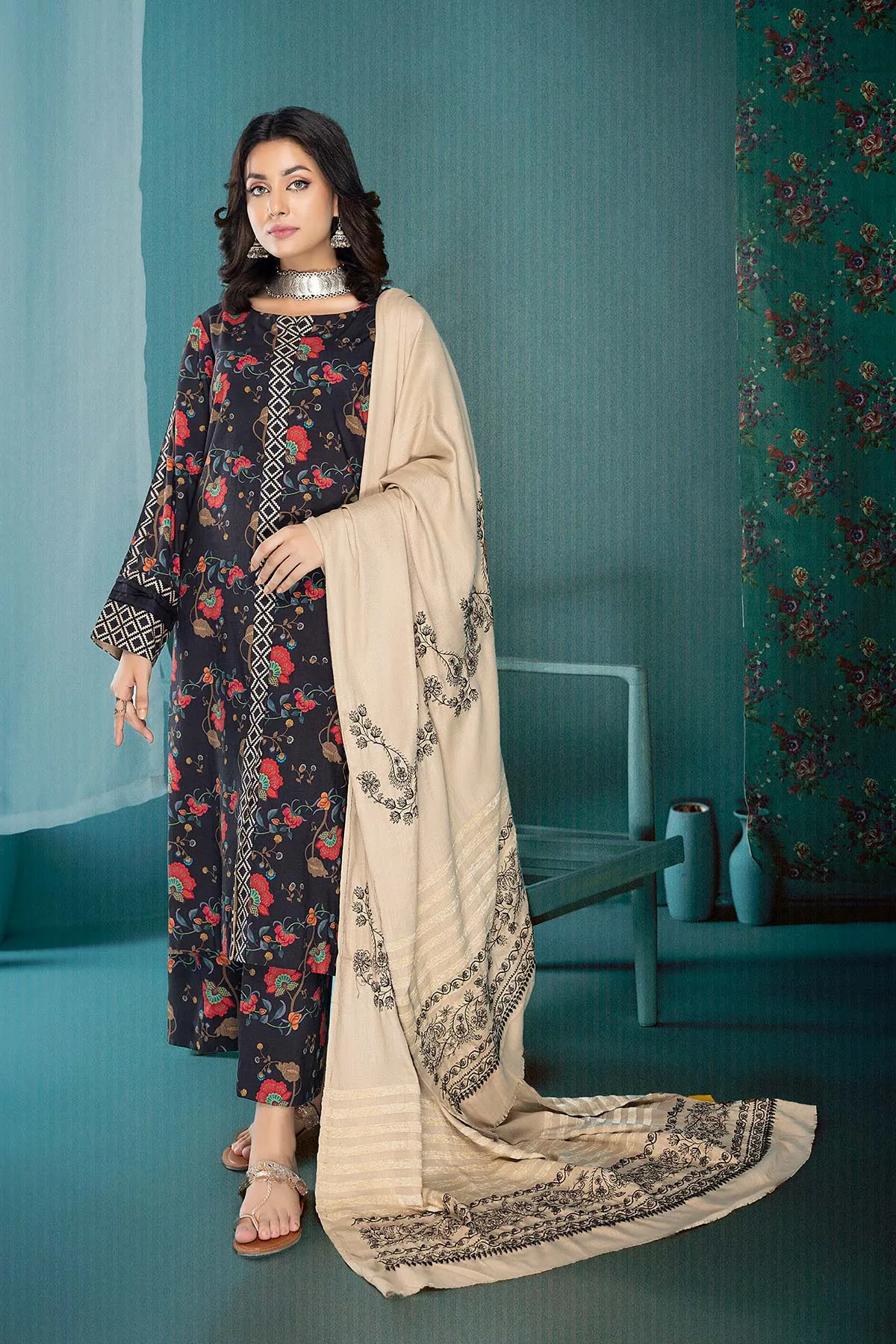 3-Pc Digital Printed Viscose Long Shirt With Pashmina Shawl and Straight Trouser CPM22-122