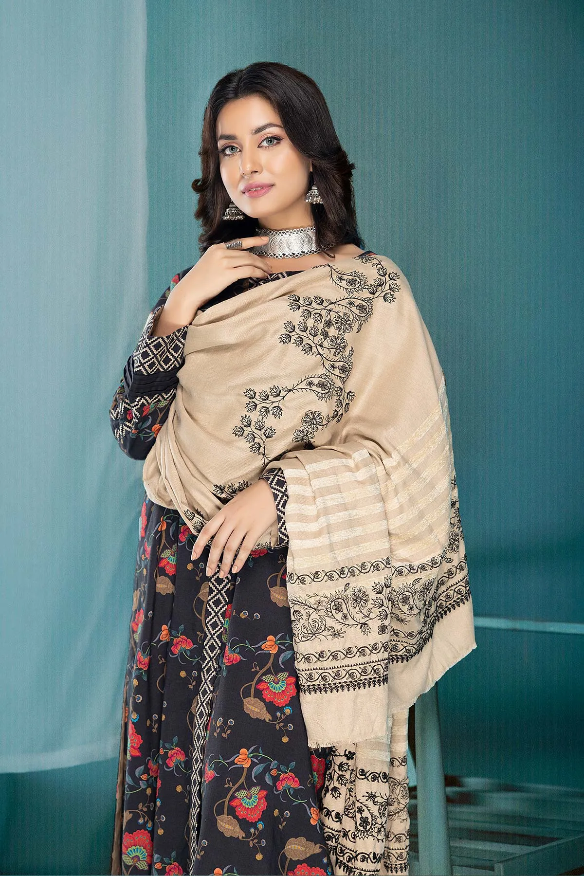 3-Pc Digital Printed Viscose Long Shirt With Pashmina Shawl and Straight Trouser CPM22-122