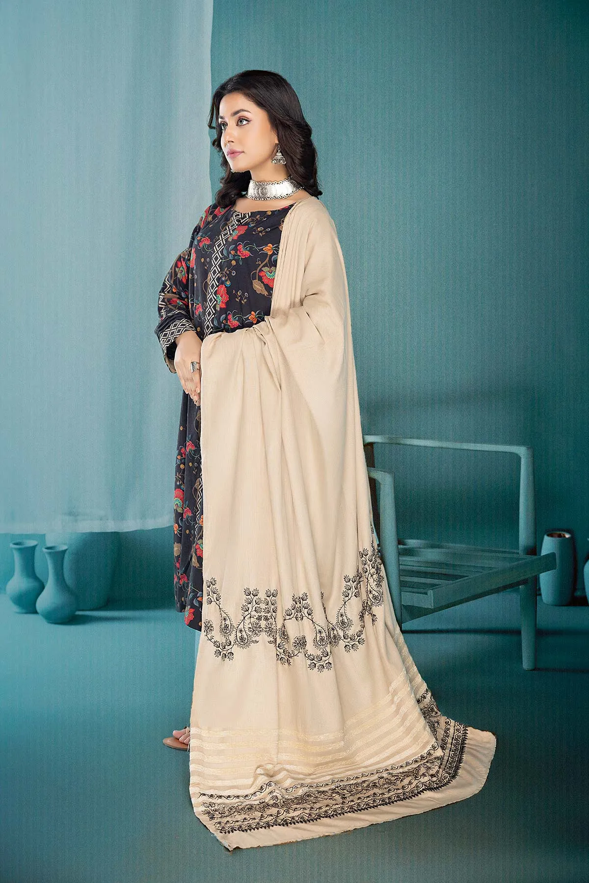 3-Pc Digital Printed Viscose Long Shirt With Pashmina Shawl and Straight Trouser CPM22-122