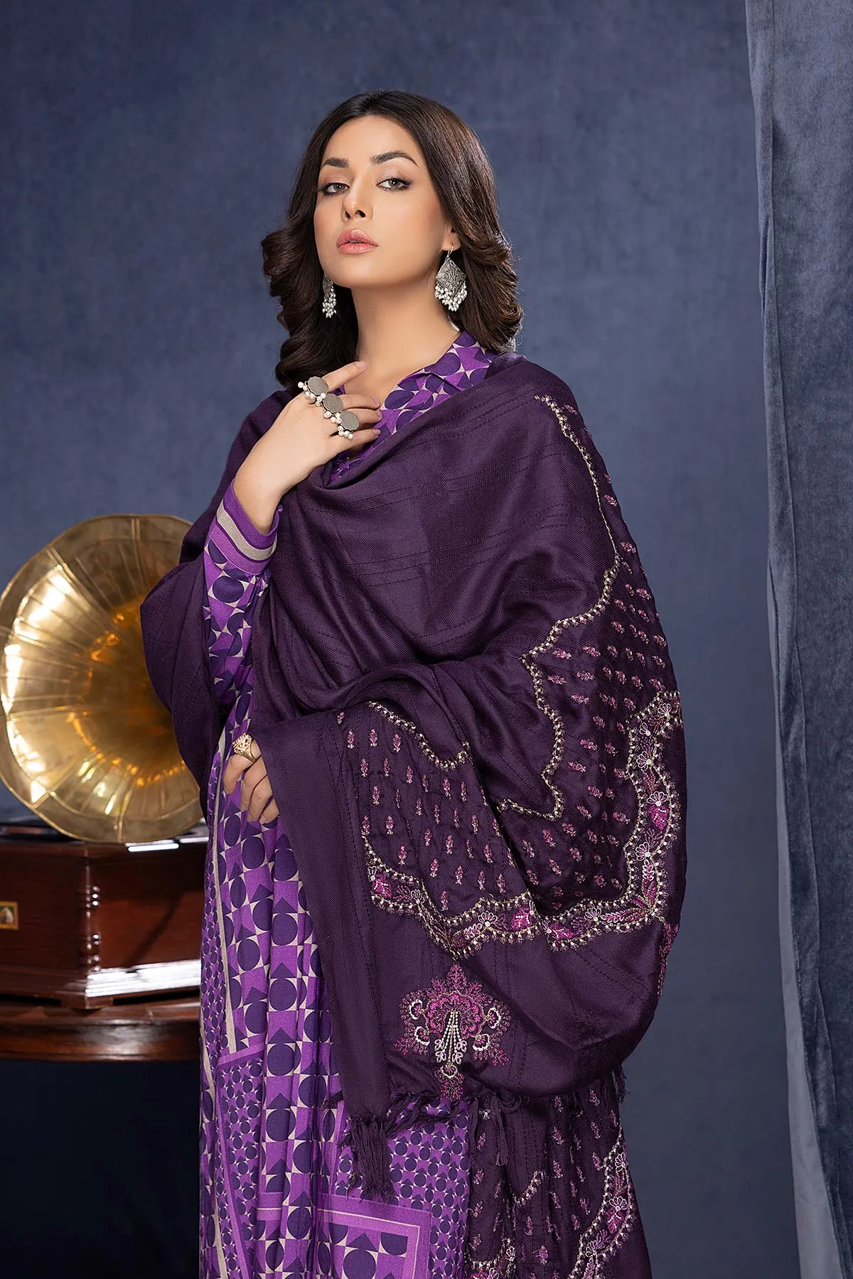 3-PC Digital Printed Viscose with Embroidered Pashmina Shawl and Qlot Trouser  CNP22-126