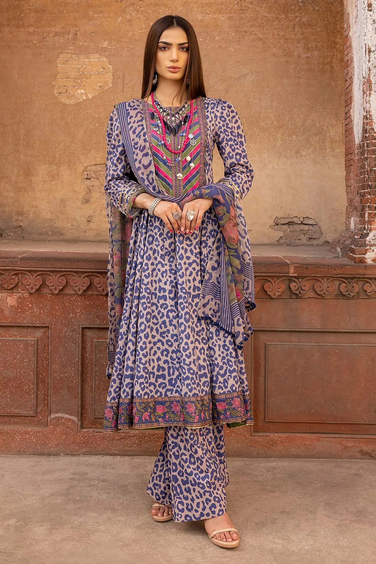 3-Pc Printed Cotton Long Shirt With Bell Bottom Trouser and Chiffon Dupatta FFP23-13B