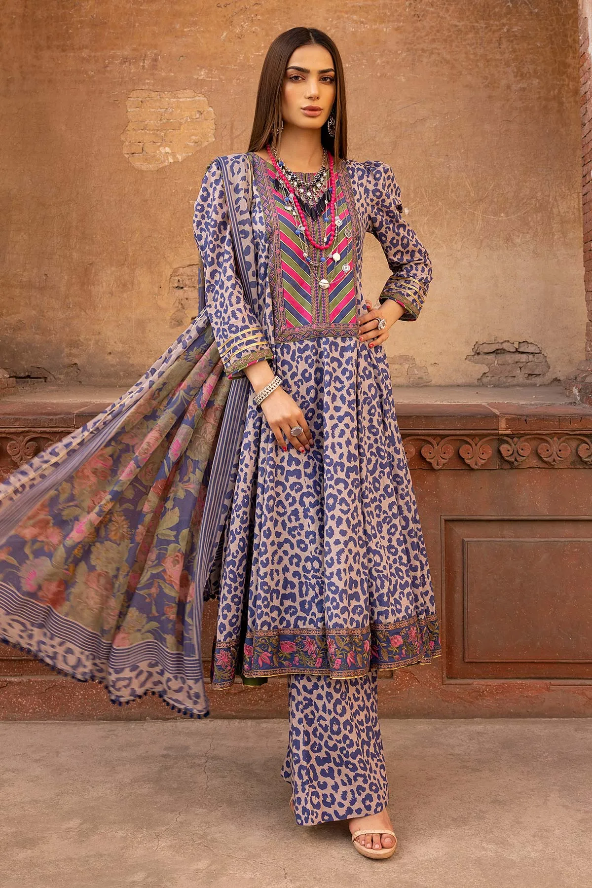 3-Pc Printed Cotton Long Shirt With Bell Bottom Trouser and Chiffon Dupatta FFP23-13B