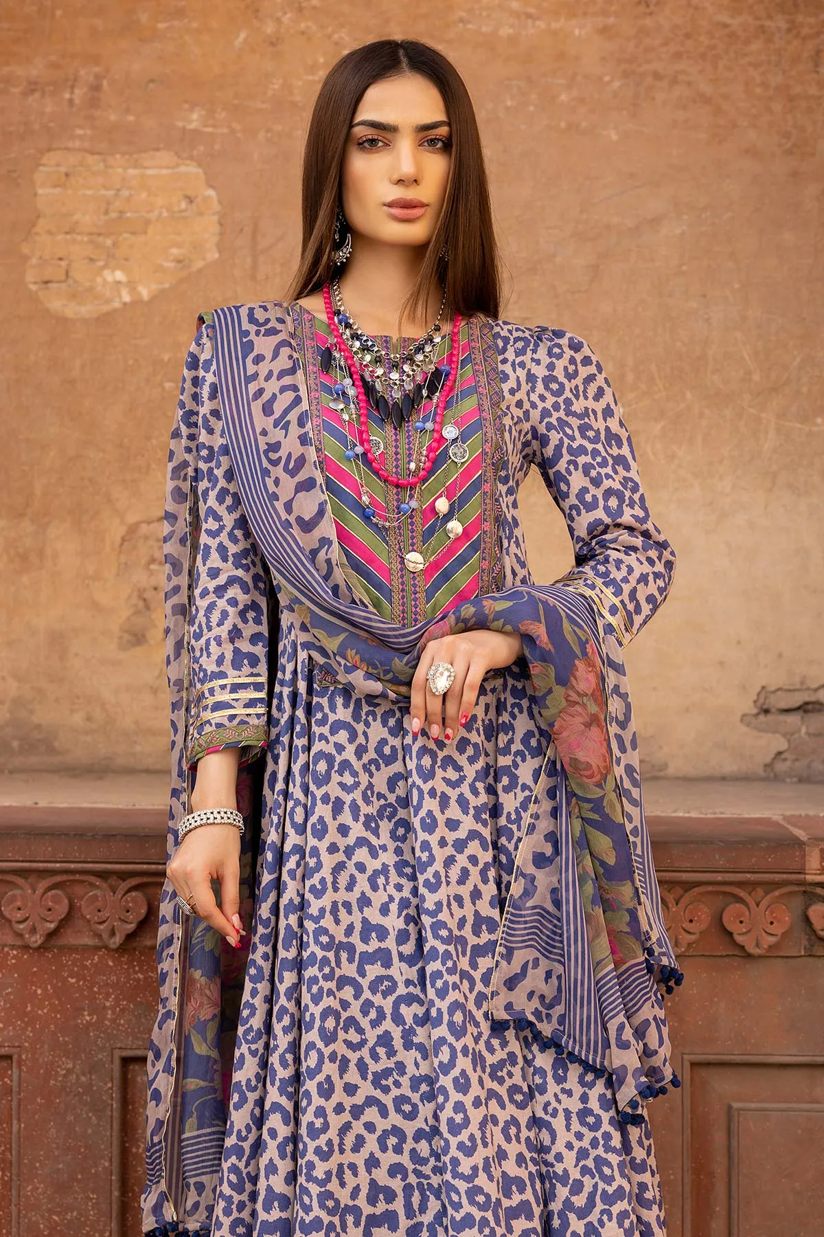 3-Pc Printed Cotton Long Shirt With Bell Bottom Trouser and Chiffon Dupatta FFP23-13B