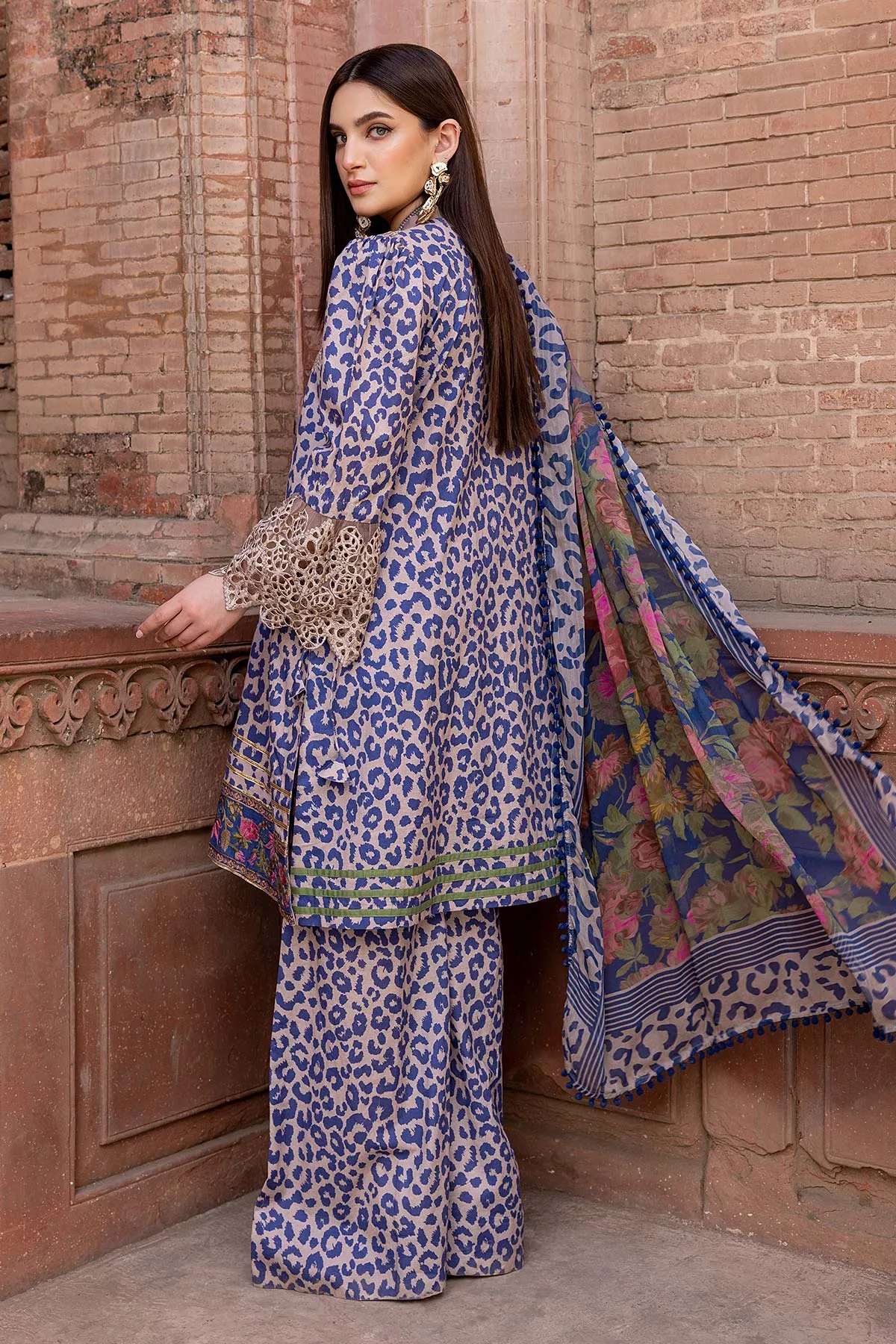 3-Pc Printed Cotton Shirt With Bell Bottom Trouser and Chiffon Dupatta FFP23-13A