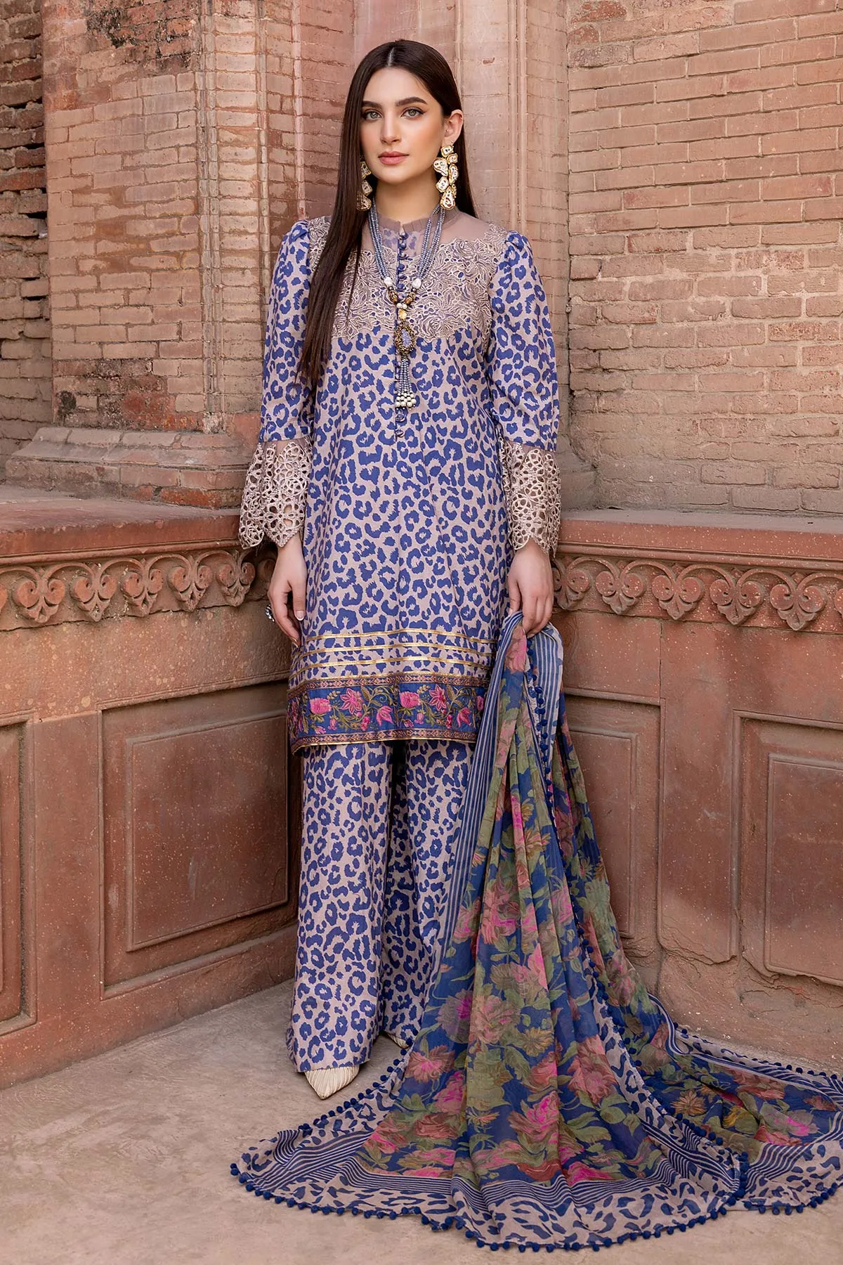 3-Pc Printed Cotton Shirt With Bell Bottom Trouser and Chiffon Dupatta FFP23-13A