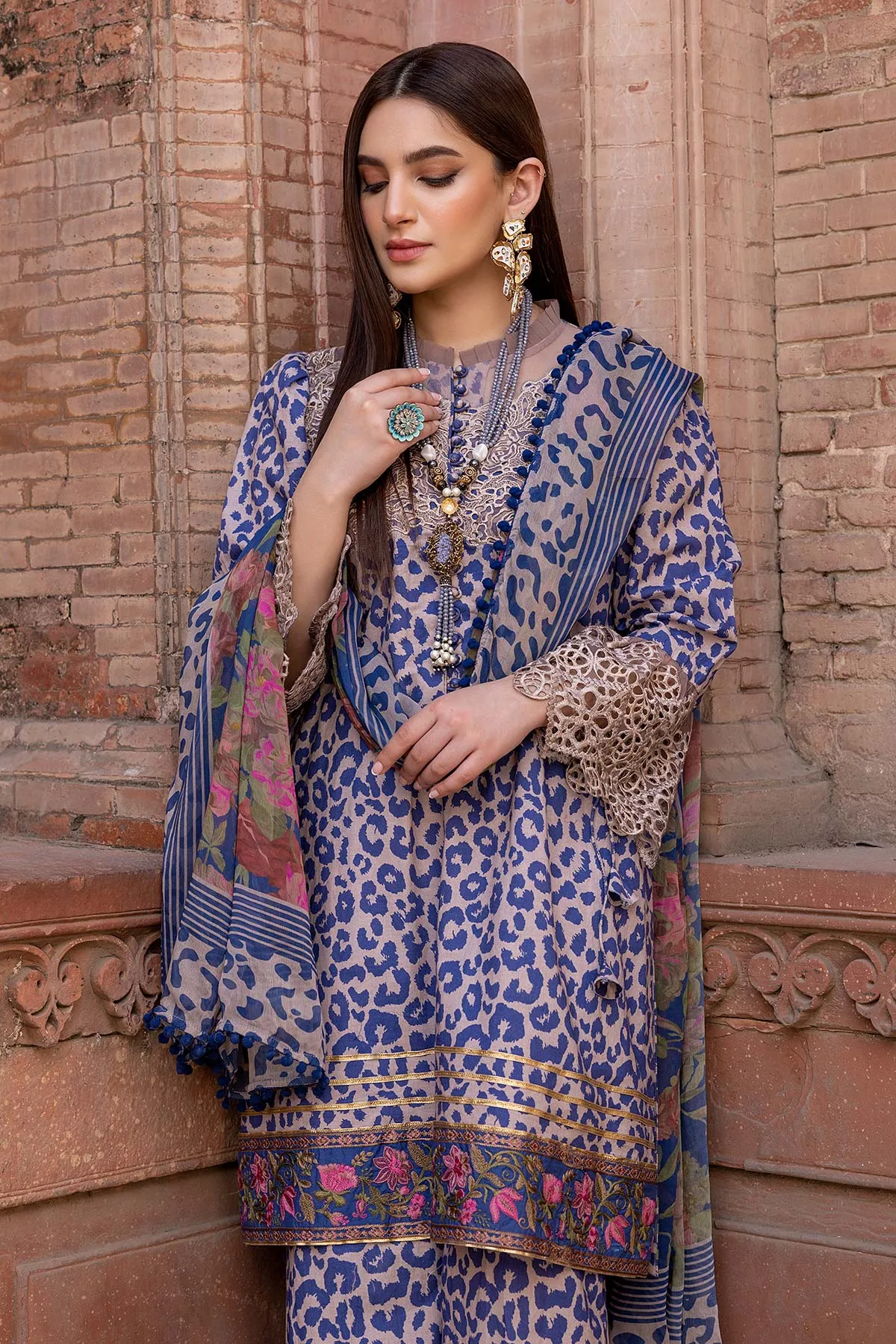 3-Pc Printed Cotton Shirt With Bell Bottom Trouser and Chiffon Dupatta FFP23-13A