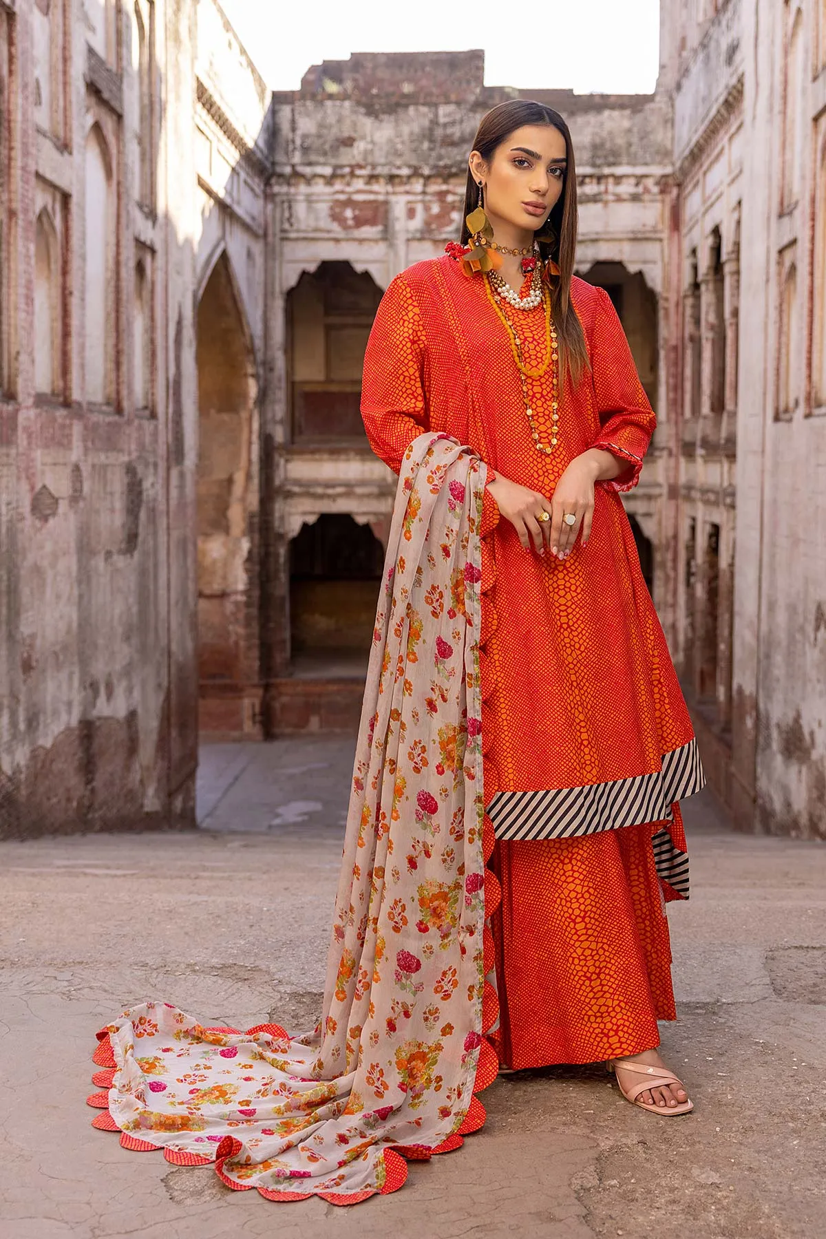 3-Pc Pritned Long Tail Frock With Bell Bottom Lawn Trouser and Chiffon Dupatta FFP23-12B