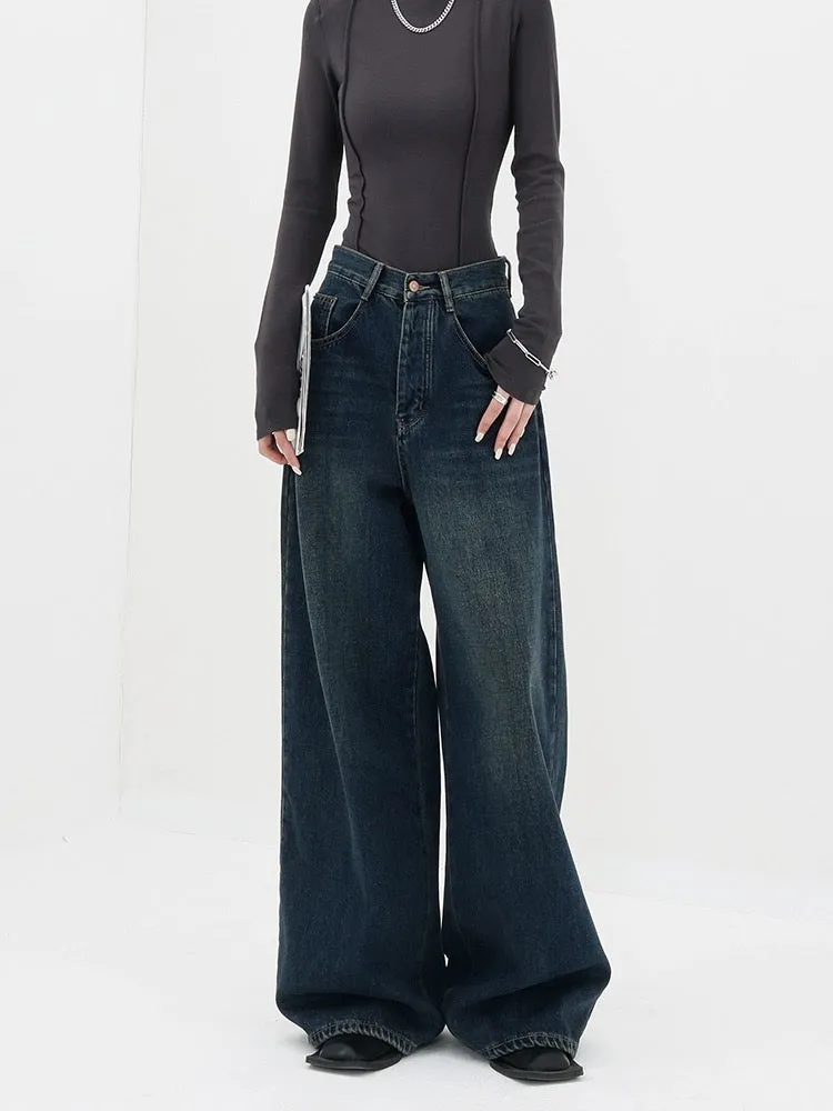 ABWEAR Early Spring American Retro Dark Wide Leg Straight Jeans Women's 2024 New Loose Floor-Mopping Pants