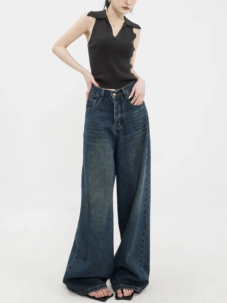 ABWEAR Early Spring American Retro Dark Wide Leg Straight Jeans Women's 2024 New Loose Floor-Mopping Pants