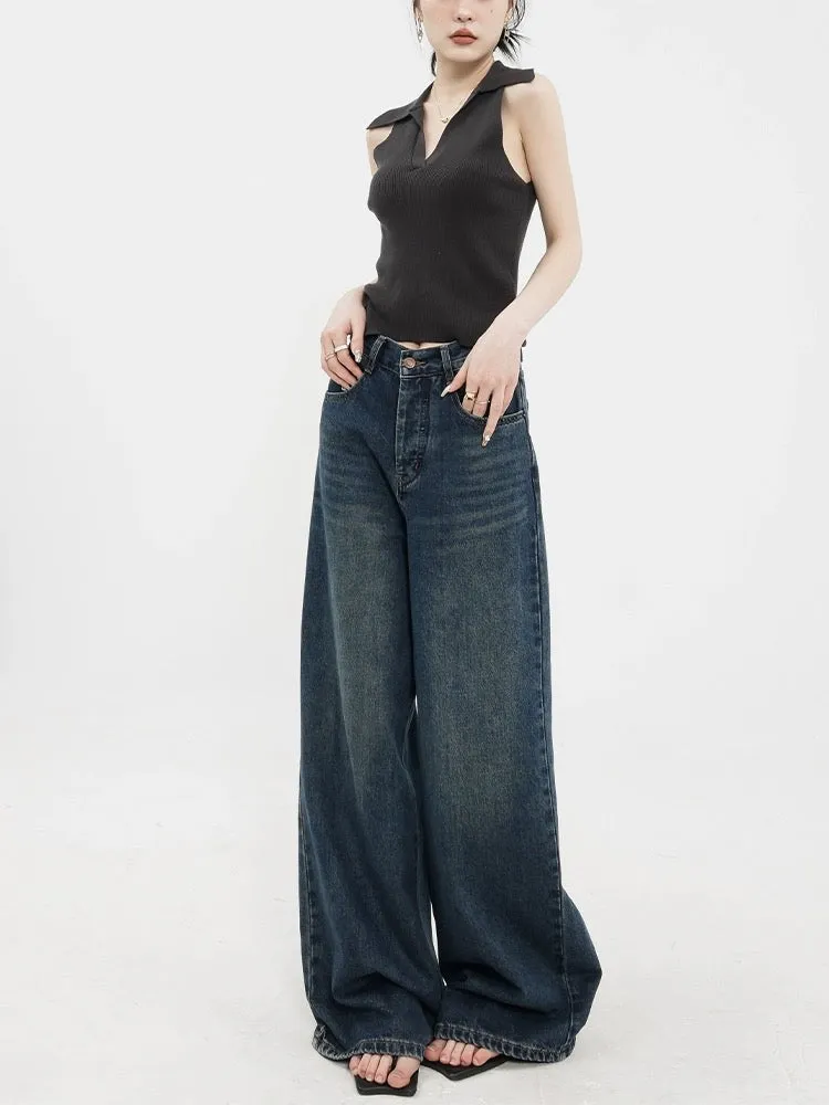 ABWEAR Early Spring American Retro Dark Wide Leg Straight Jeans Women's 2024 New Loose Floor-Mopping Pants