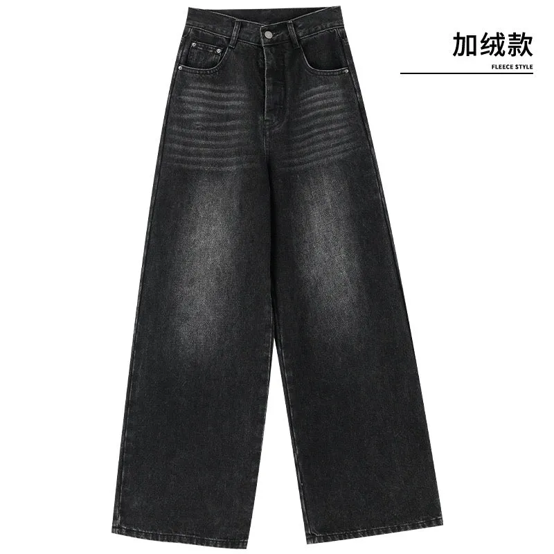 ABWEAR Early Spring American Retro Dark Wide Leg Straight Jeans Women's 2024 New Loose Floor-Mopping Pants