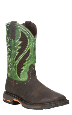 Ariat Men's WorkHog Brown and Lime VentTEK Wide Square Toe Work Boot