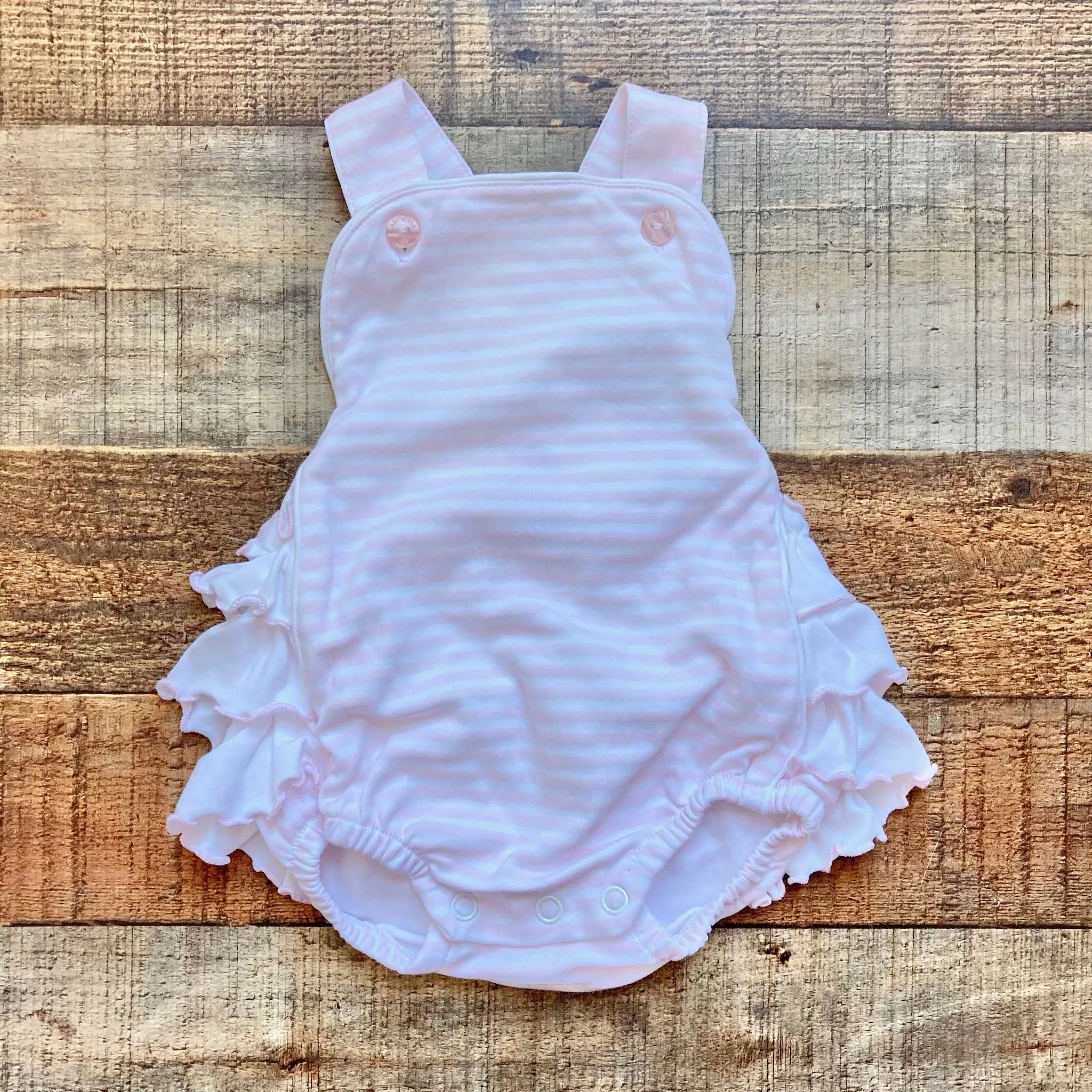 Baby Bliss Pink and White Striped Ruffle Bottom Bubble- Size NB