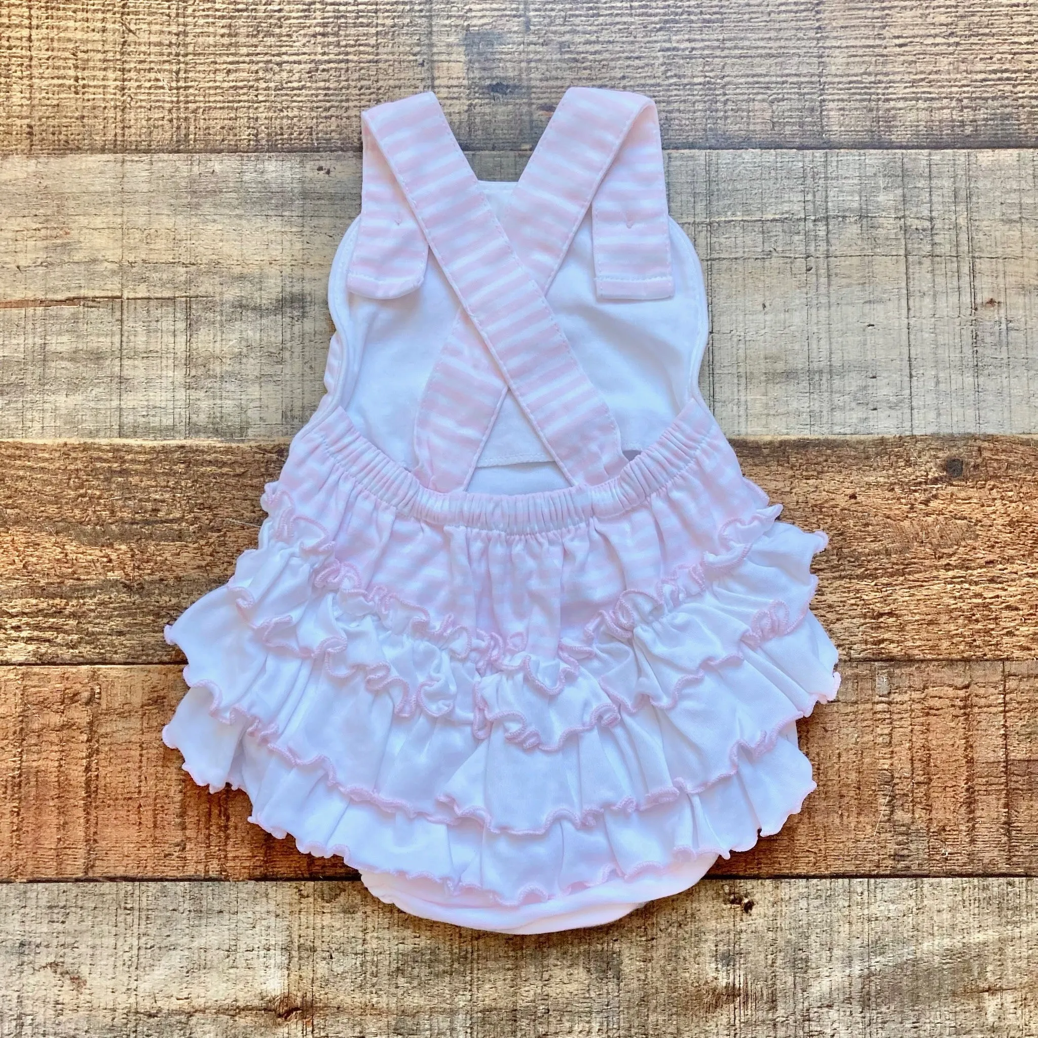 Baby Bliss Pink and White Striped Ruffle Bottom Bubble- Size NB