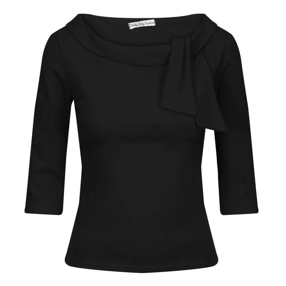 Black 3/4 Sleeve Tie Neck Top