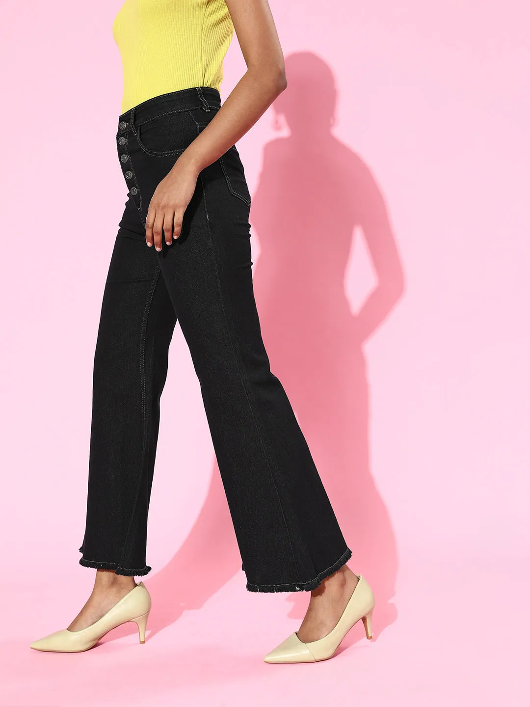 Black Front Button Bell Bottom Jeans