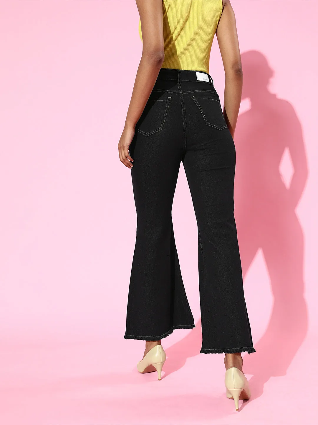 Black Front Button Bell Bottom Jeans