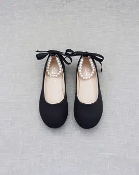 Black Satin Flats with Pearls Ankle Strap