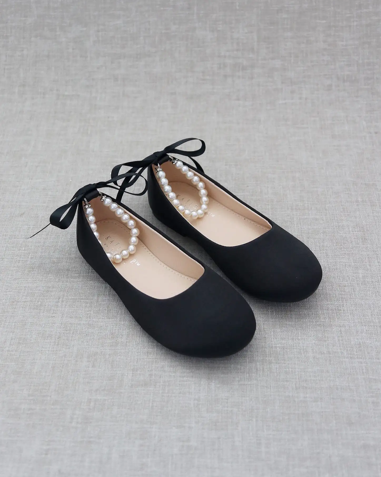 Black Satin Flats with Pearls Ankle Strap