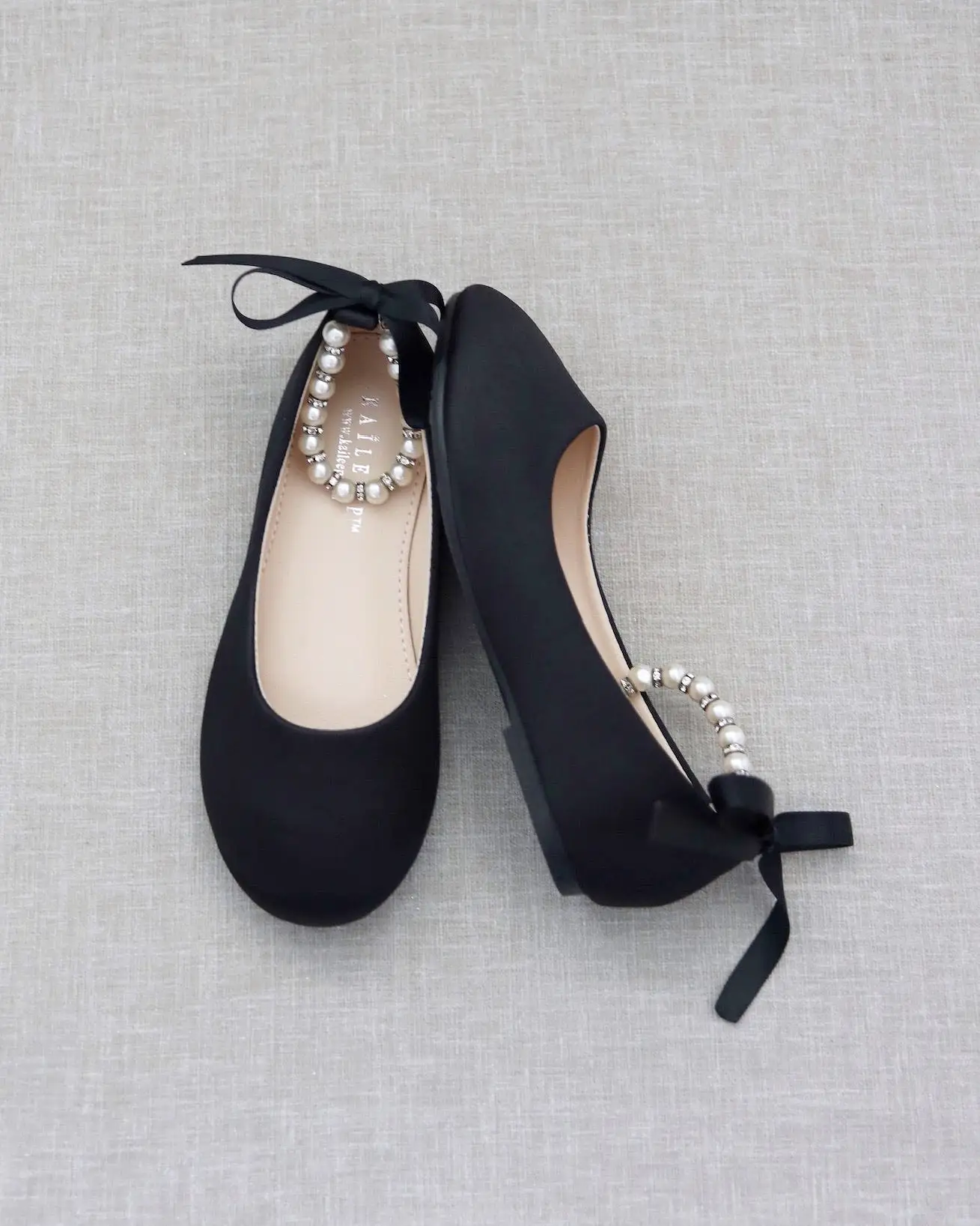 Black Satin Flats with Pearls Ankle Strap