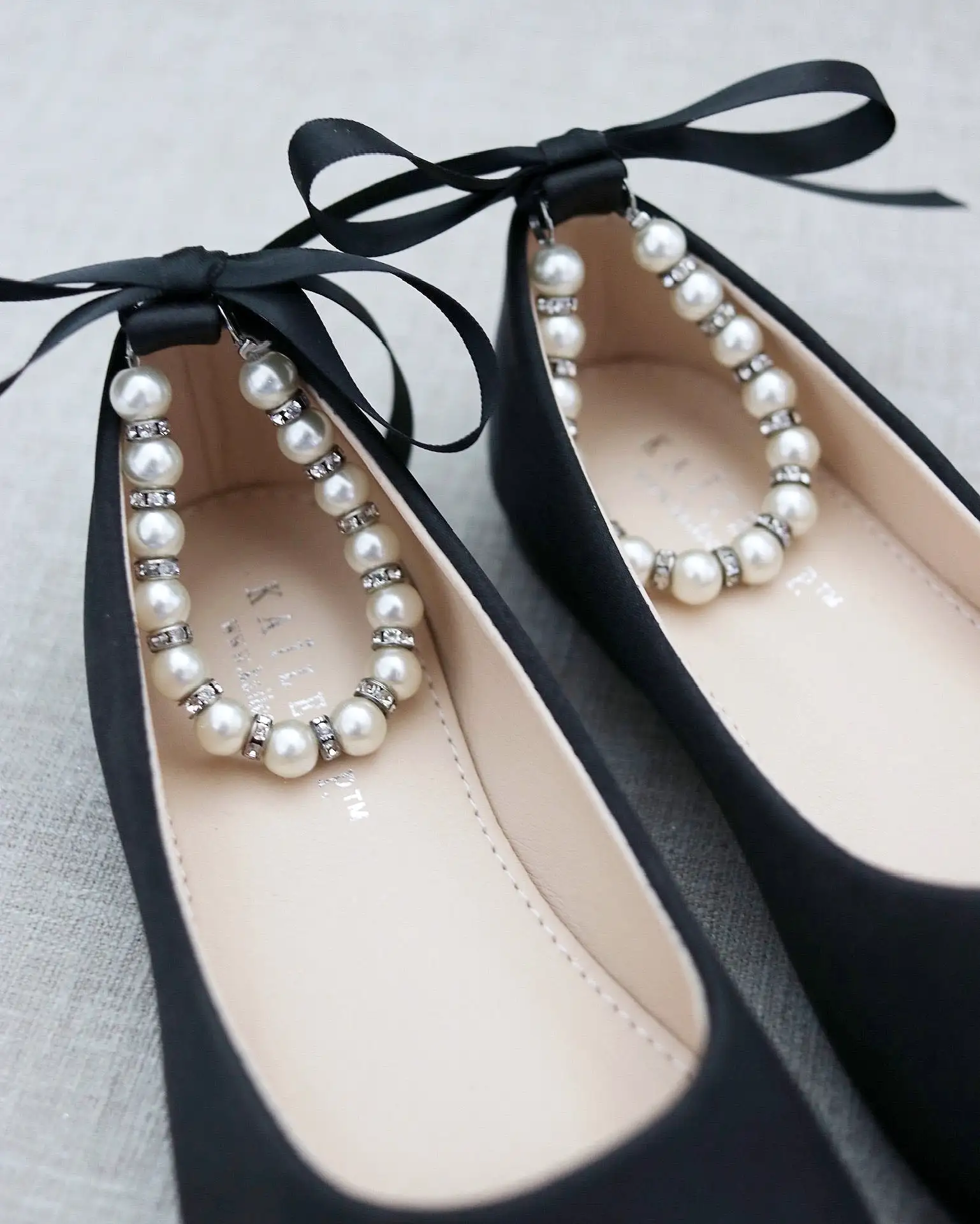 Black Satin Flats with Pearls Ankle Strap