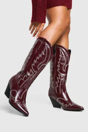 Calf Detail Embroidered Western Cowboy Boots