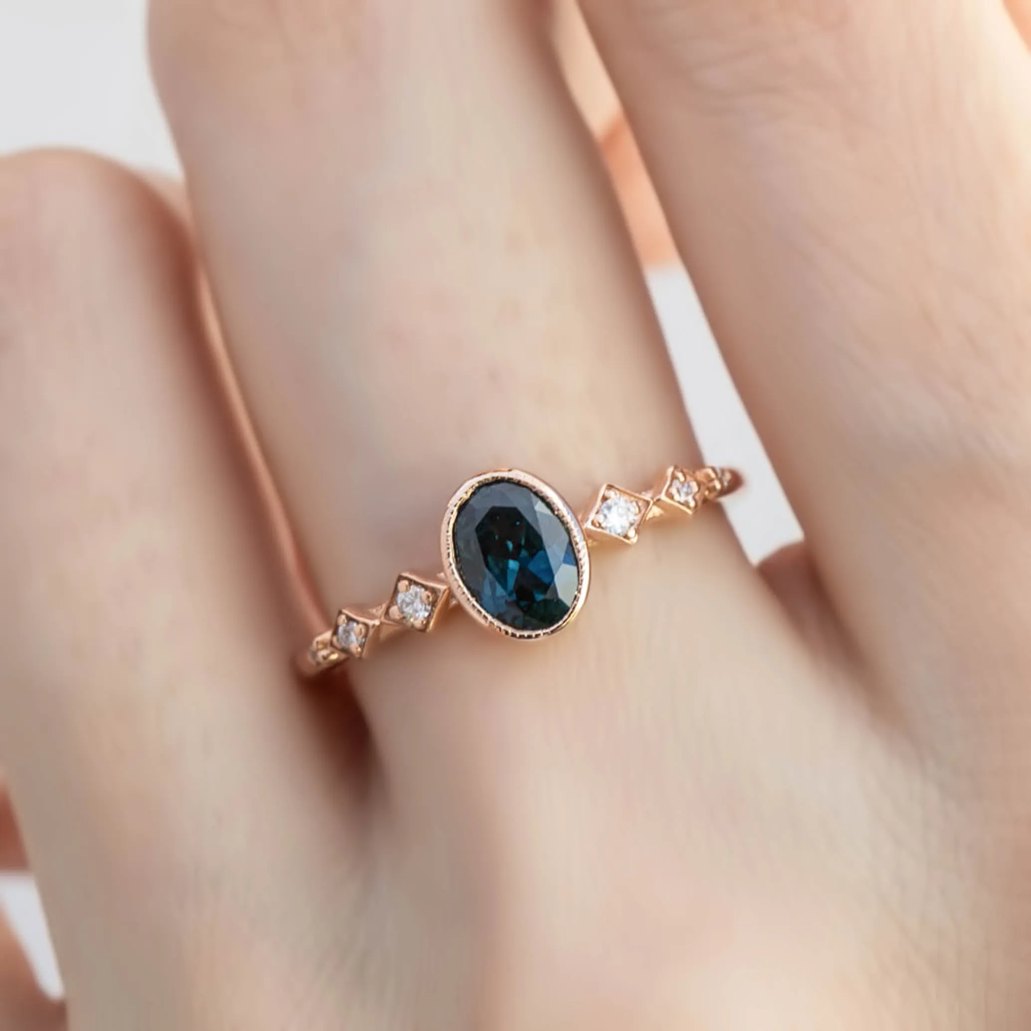 Celeste Ring 0.76ct Deep Teal Blue Queensland Sapphire, 14K Rose Gold (One of a kind)