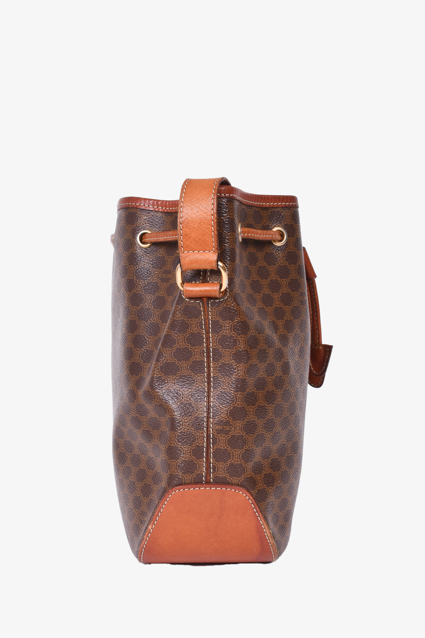 Celine Brown Leather/Canvas Monogram Crossbody Bucket Bag