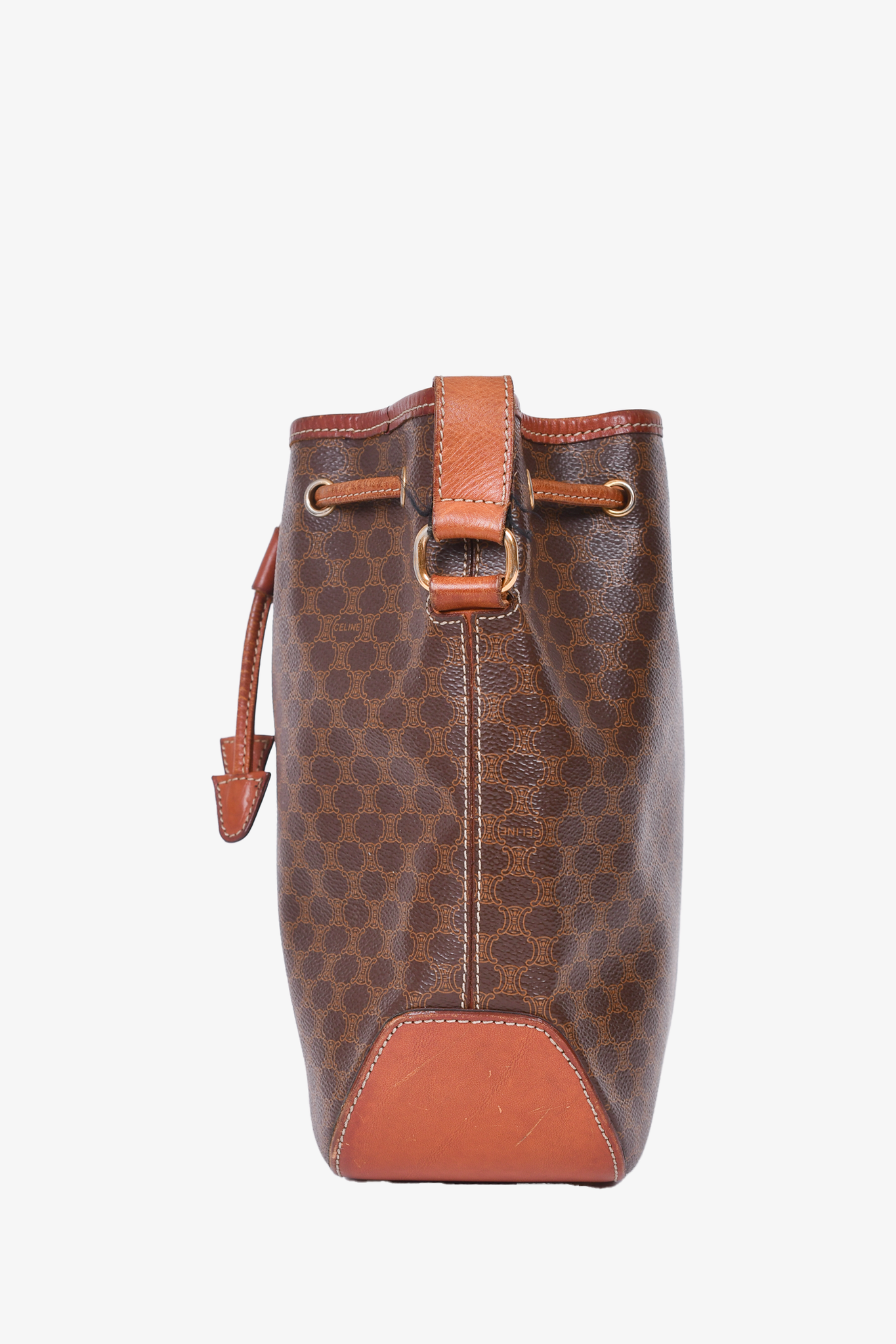 Celine Brown Leather/Canvas Monogram Crossbody Bucket Bag