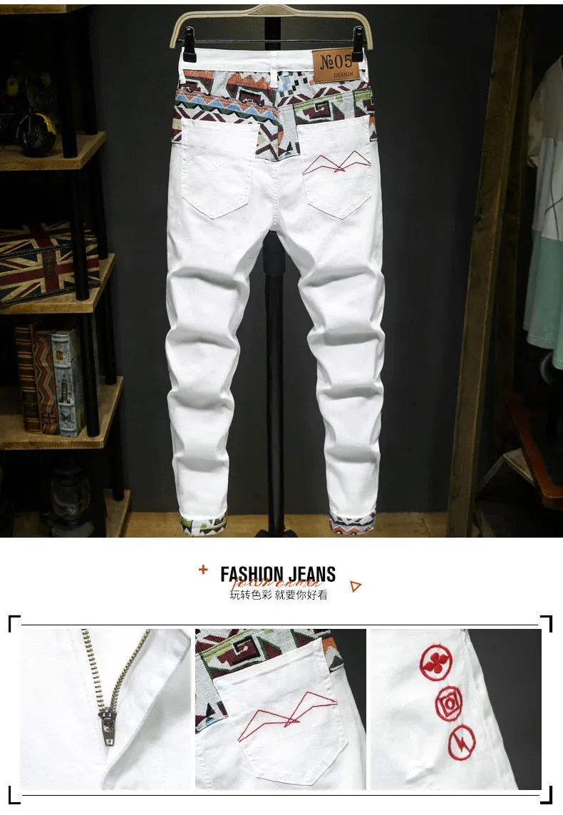 Chinese Style Torn Stretch Embroidered Hip Hop Skinny Jeans for Men