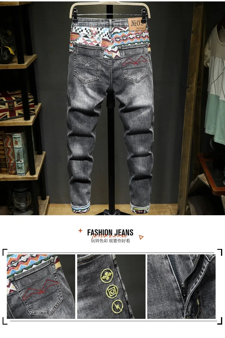 Chinese Style Torn Stretch Embroidered Hip Hop Skinny Jeans for Men