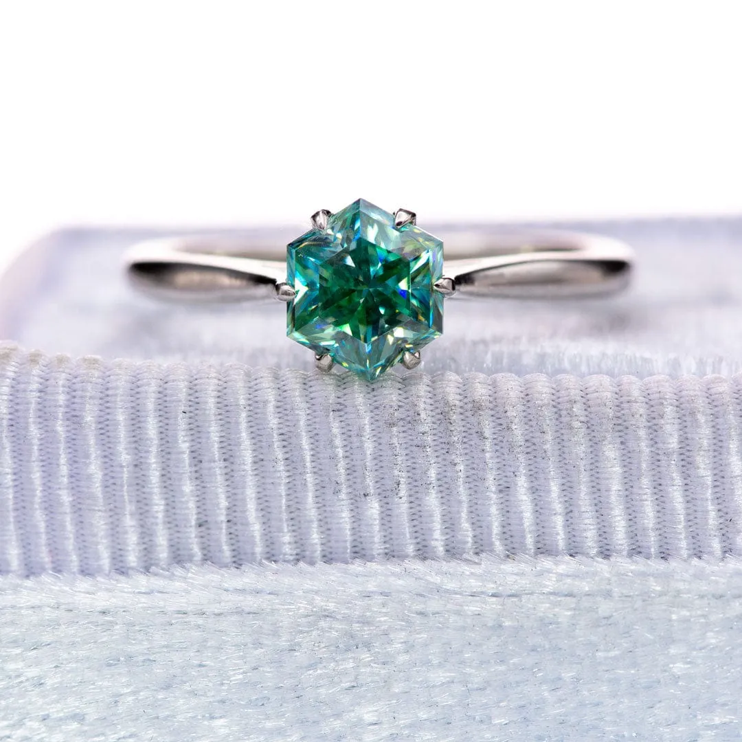 Dahlia Solitaire - Hexagon Brilliant Cut Teal Blue Moissanite 6-Prong 10k White Gold Engagement Ring