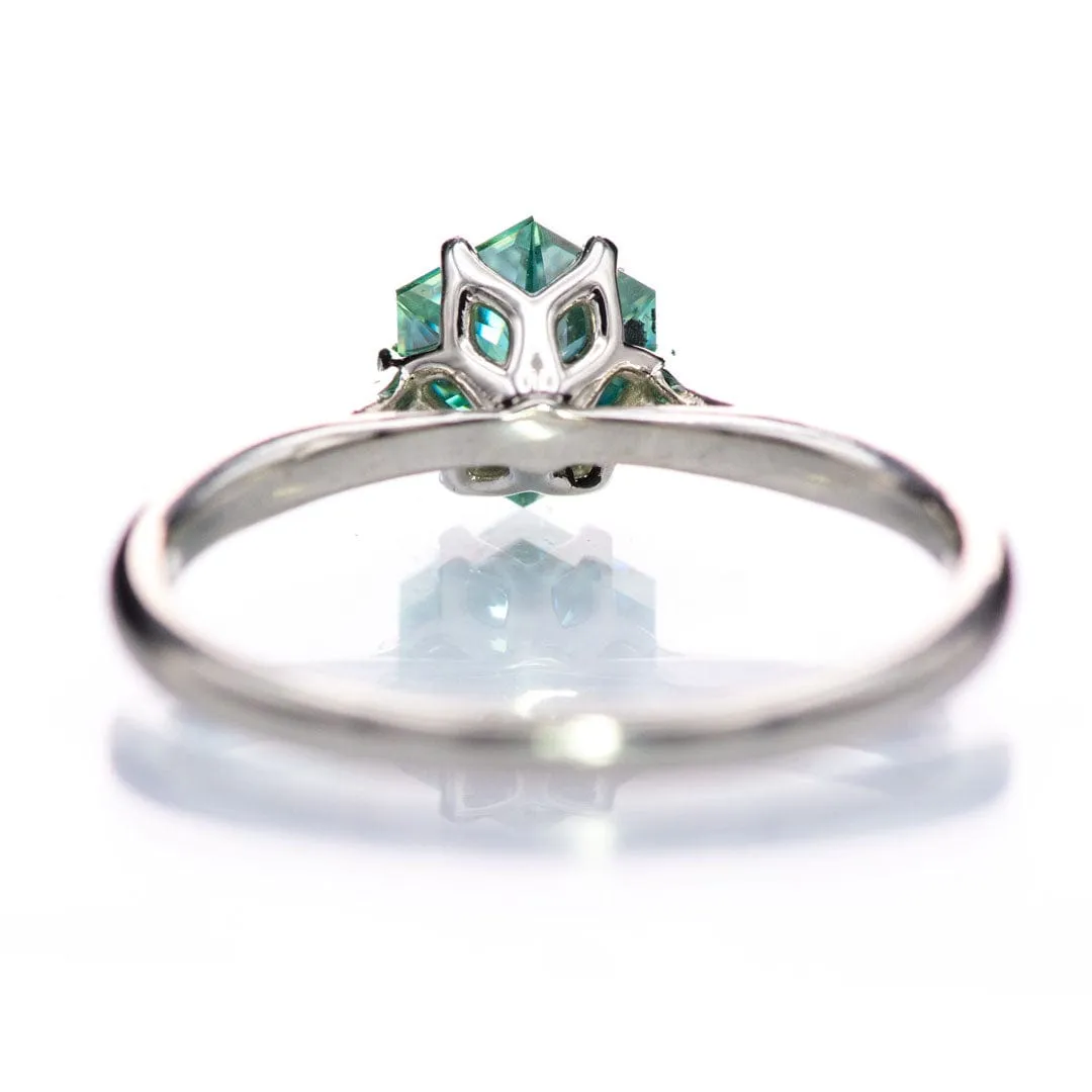 Dahlia Solitaire - Hexagon Brilliant Cut Teal Blue Moissanite 6-Prong 10k White Gold Engagement Ring