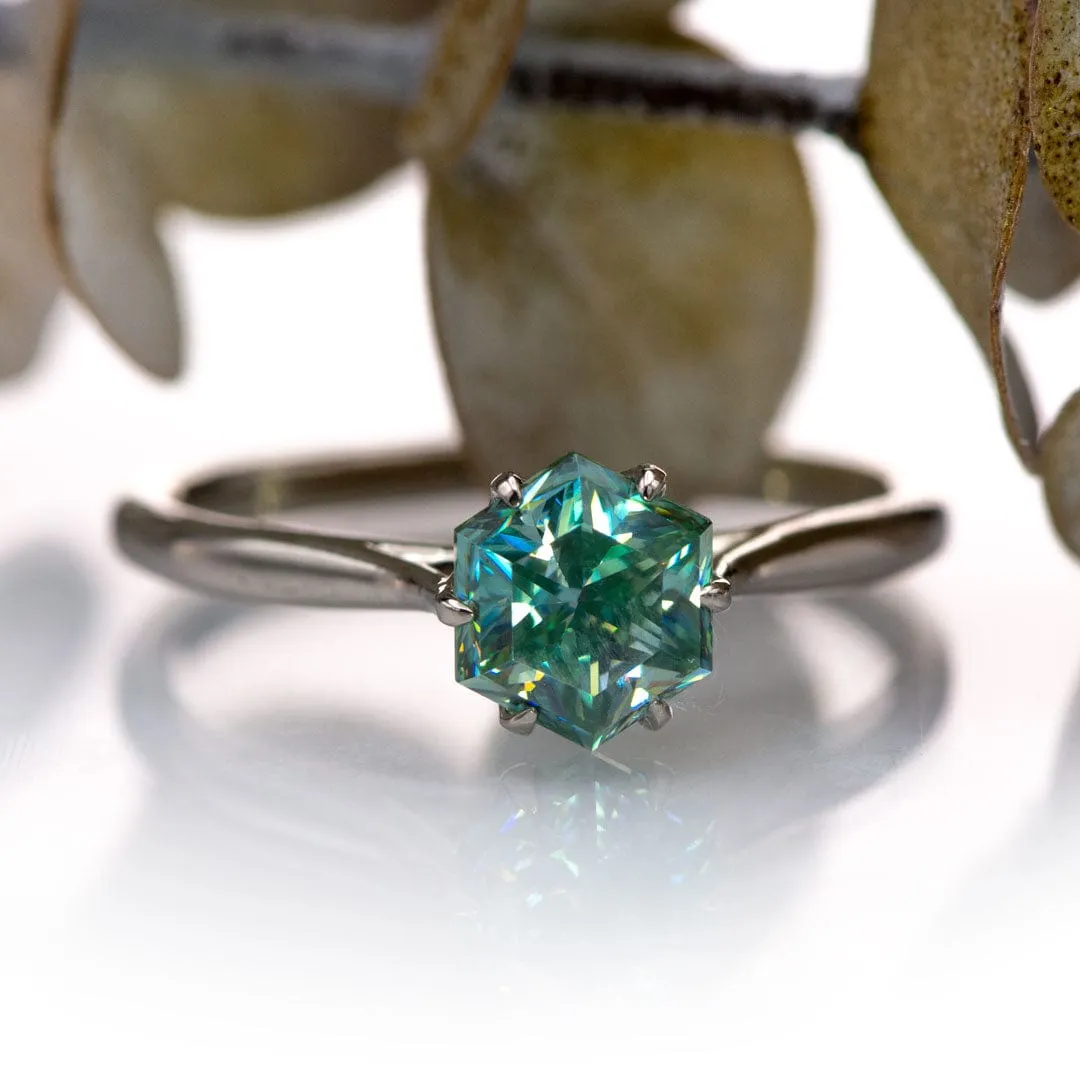 Dahlia Solitaire - Hexagon Brilliant Cut Teal Blue Moissanite 6-Prong 10k White Gold Engagement Ring