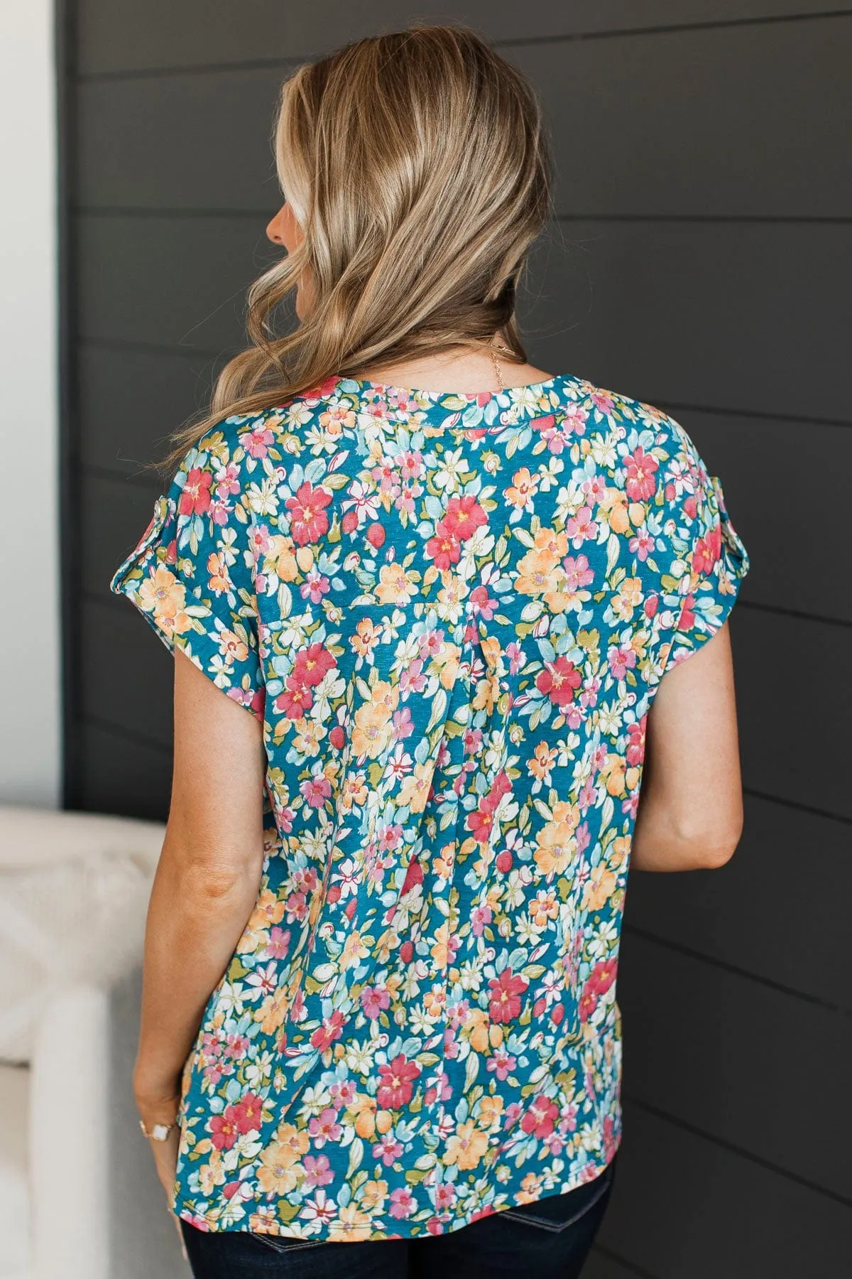 Don't Feel Blue Floral Top- Teal & Pink