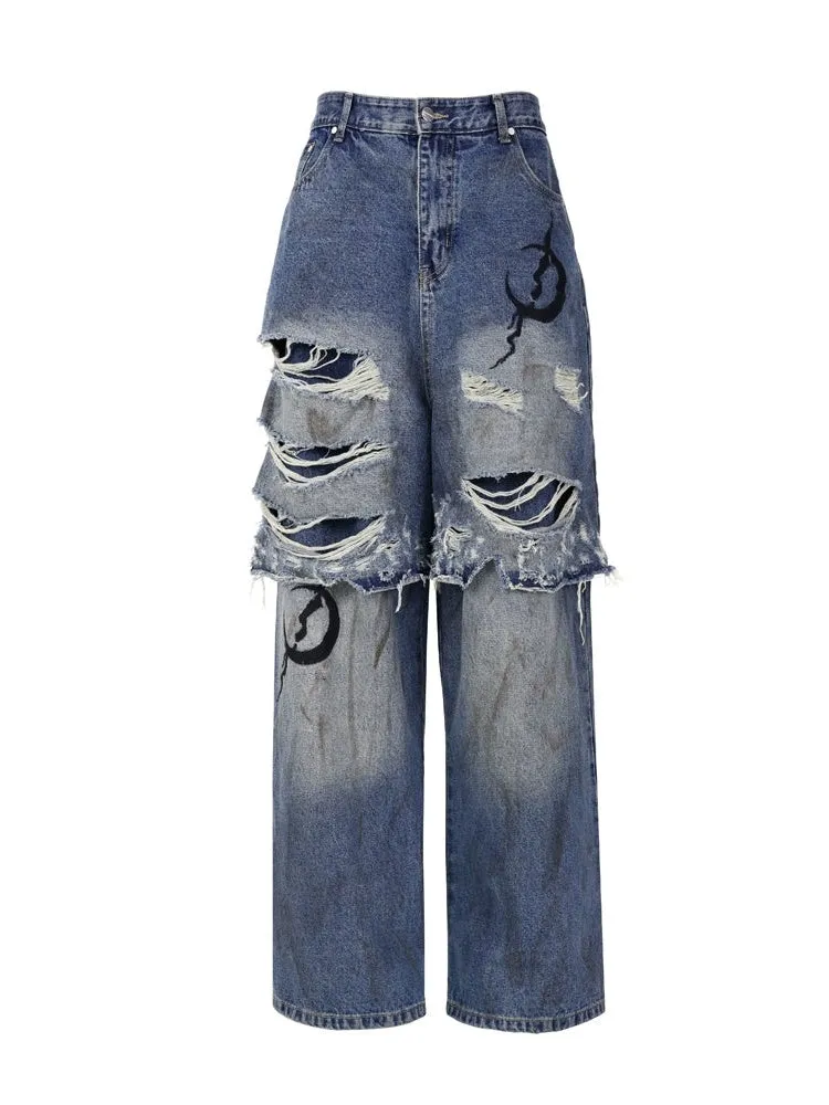 Double-layer Super Hole Loose Distressed Jeans