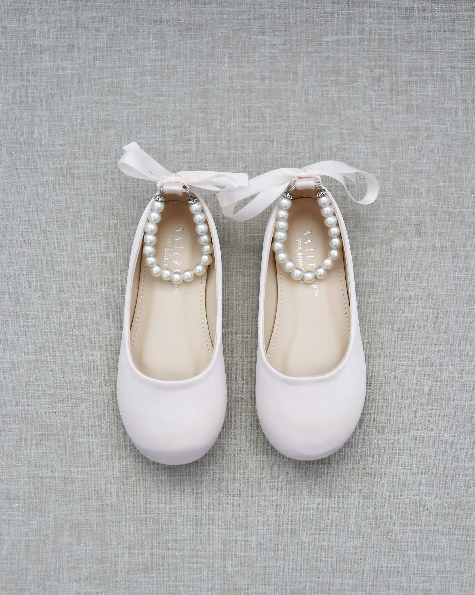 Dusty Pink Satin Flats with Pearls Ankle Strap