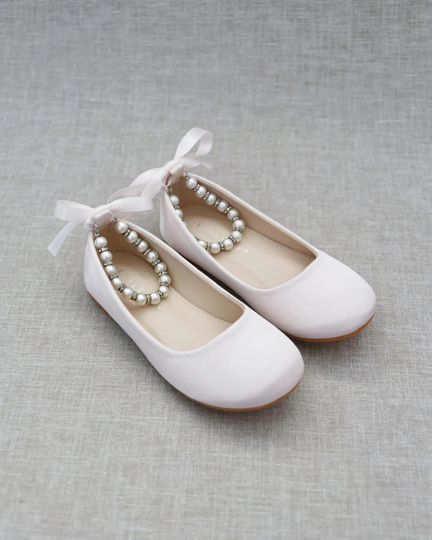 Dusty Pink Satin Flats with Pearls Ankle Strap