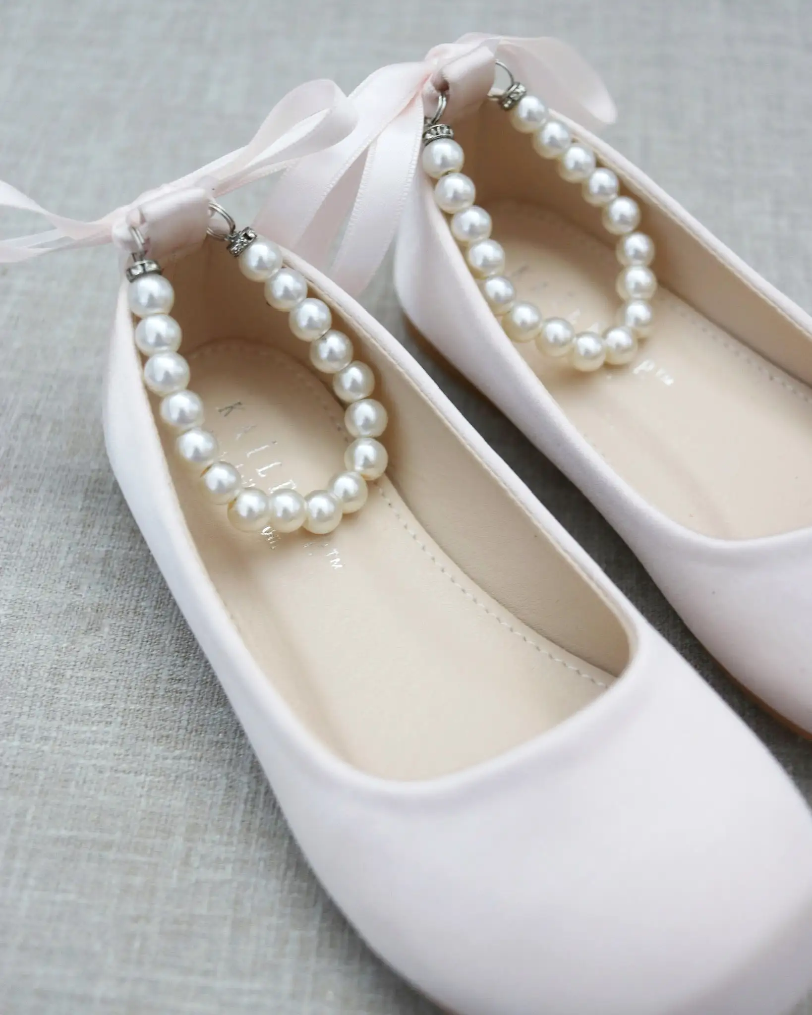 Dusty Pink Satin Flats with Pearls Ankle Strap