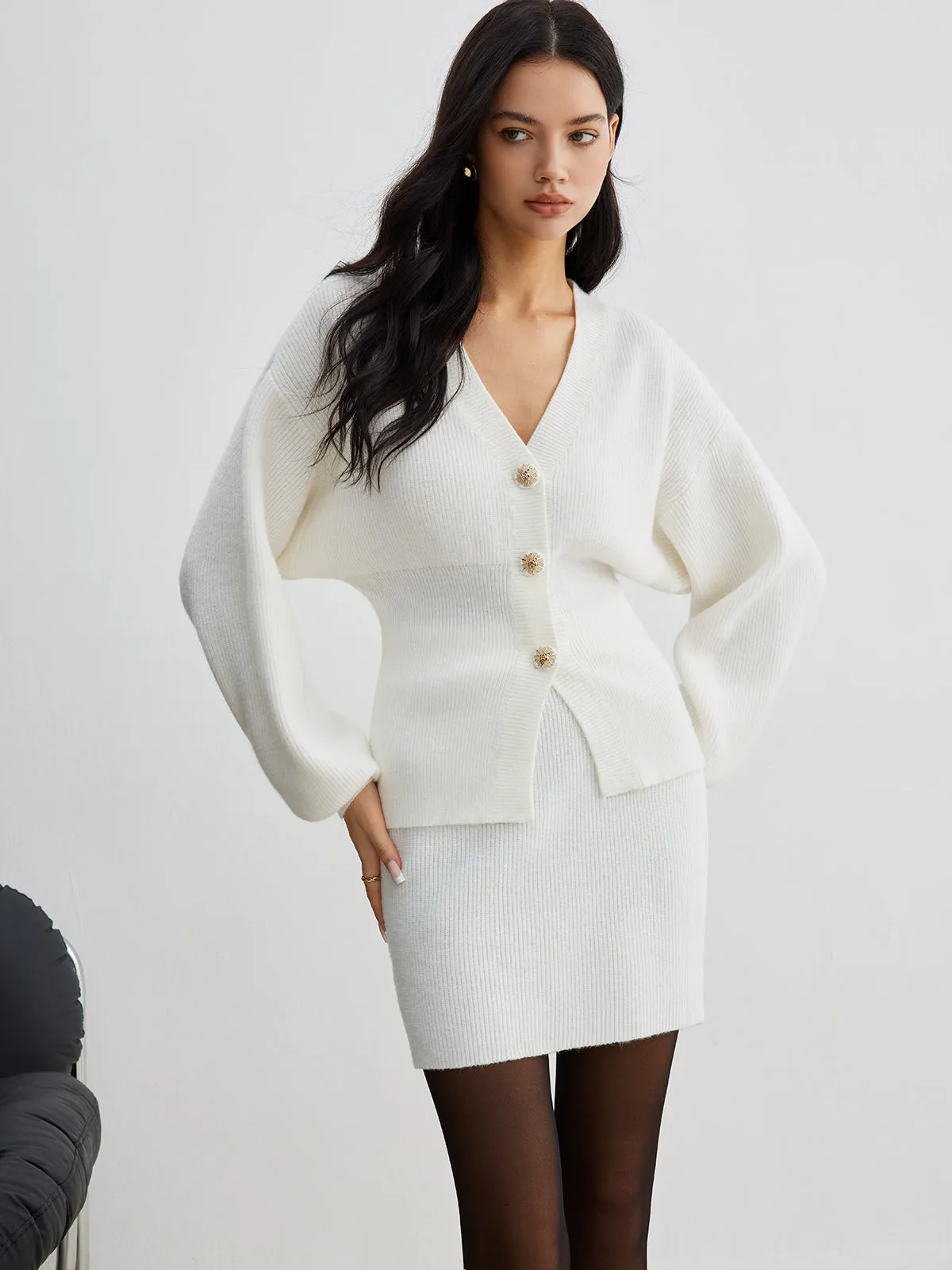 Elegant Button Slit Cinched Cardigan