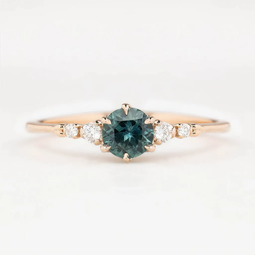 Estel Fleur Ring 4.75mm 0.60ct Teal Blue Round Montana Sapphire 14K Rose Gold