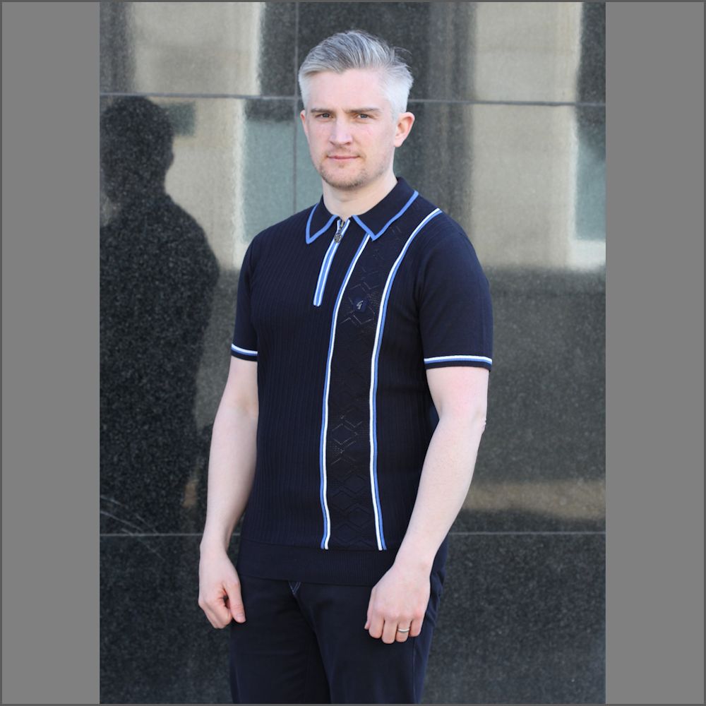 Gabicci Vintage V46G08 Navy Pattern Polo Top::