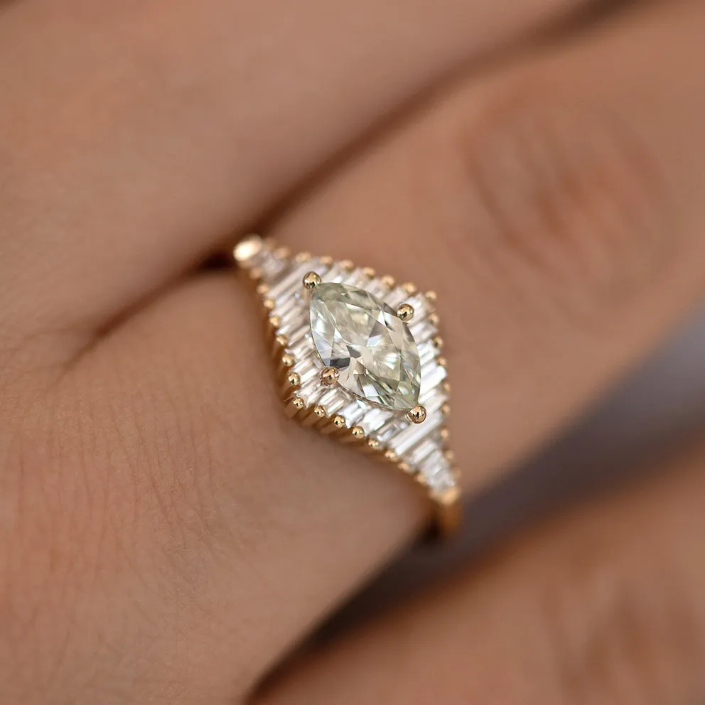 Green Diamond Engagement Ring with Baguette Diamonds - Fancy Color Diamond Ring