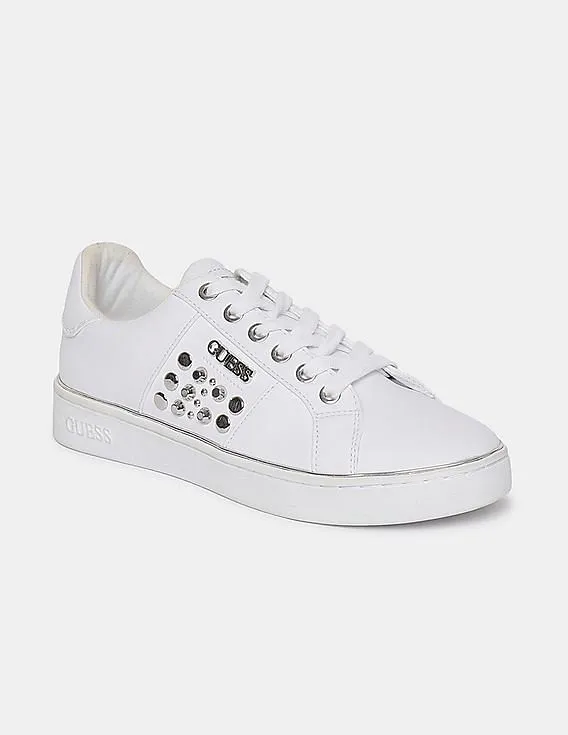 GUESS Women White Studded Lace Up Sneakers