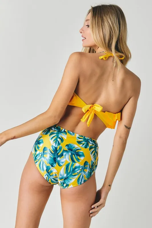 Harbor Solid Ruffle Top And Printed Bottom Swimsuit