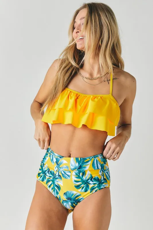 Harbor Solid Ruffle Top And Printed Bottom Swimsuit