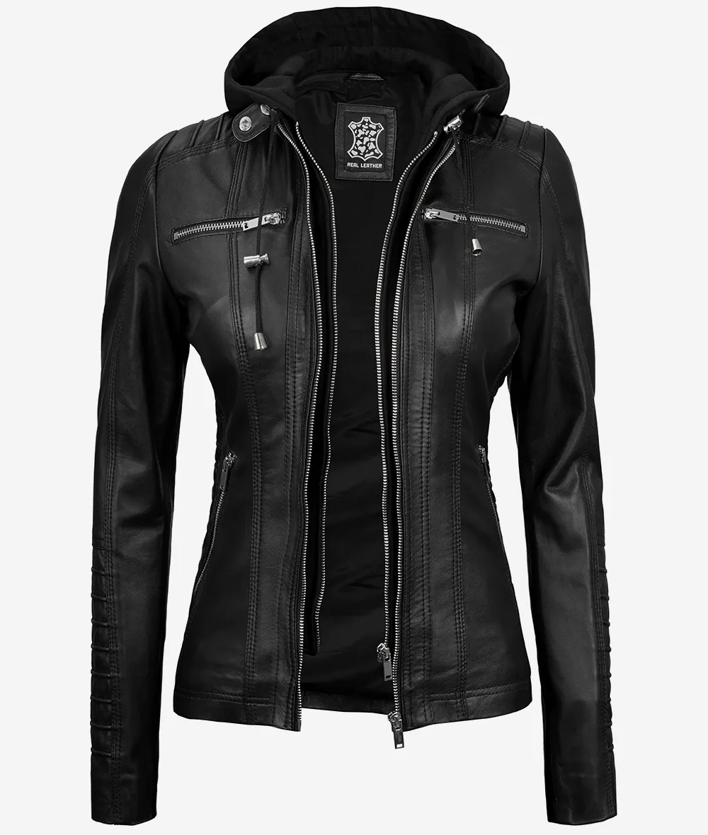 Helen Womens Tall Black Leather Jacket with Removable Hood