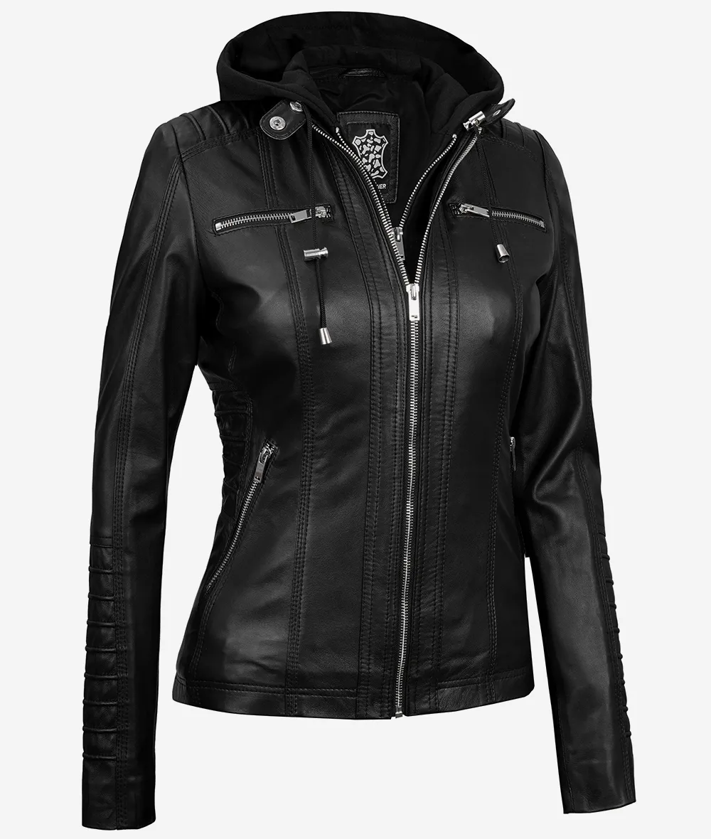 Helen Womens Tall Black Leather Jacket with Removable Hood