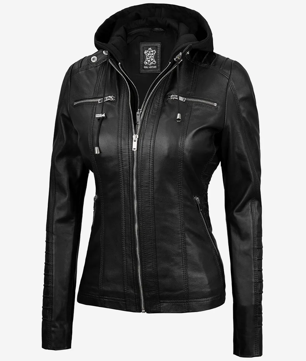 Helen Womens Tall Black Leather Jacket with Removable Hood