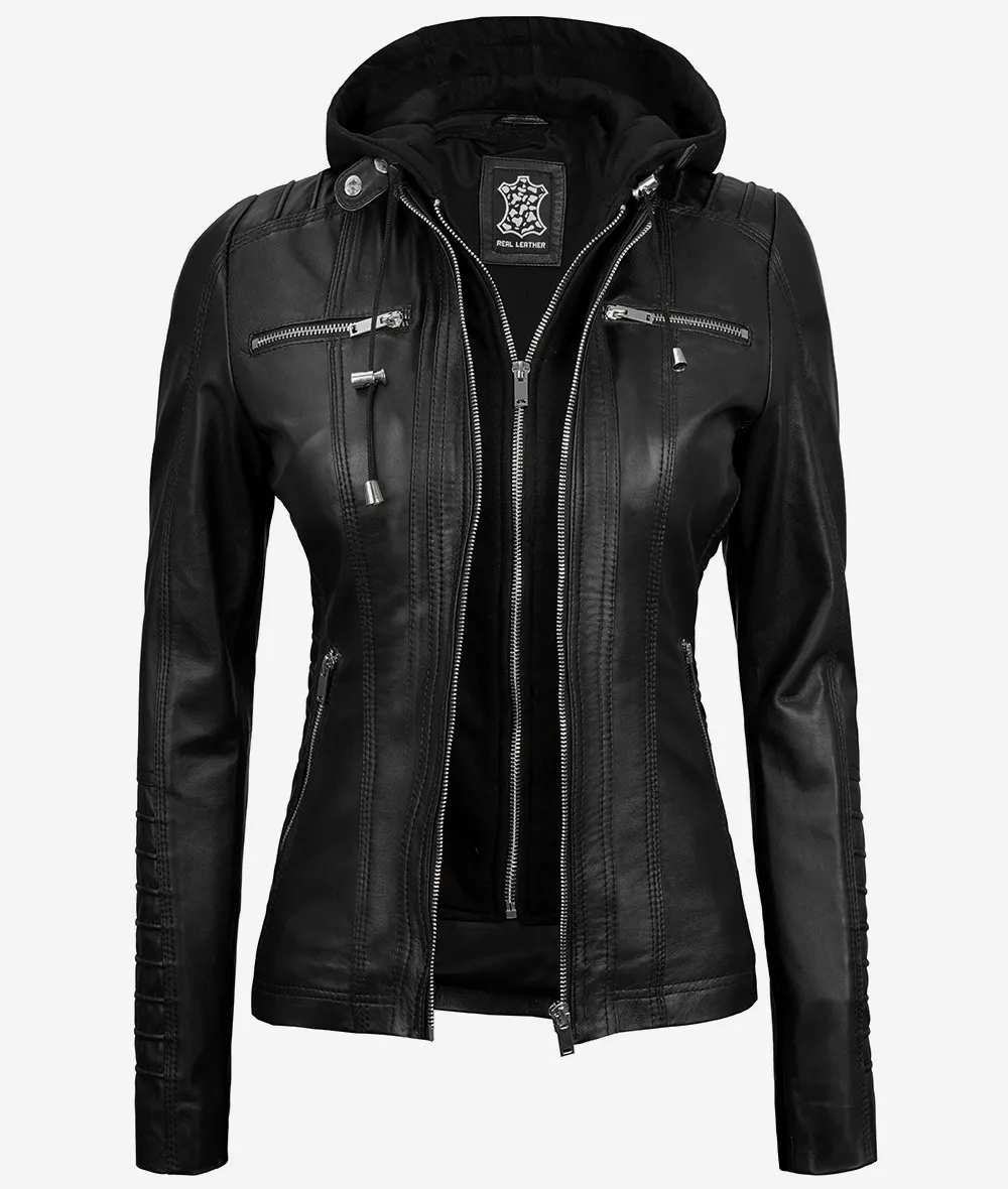 Helen Womens Tall Black Leather Jacket with Removable Hood